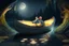 Placeholder: strong mouse in cheese boat, in moonlit forest by stream, book illustration, fine detail, 4k, trending, volumetric light, depth of field