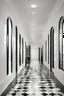 Placeholder: long corridor with arched windows, floor made of black-and-white matt ceramic plates, white curtains