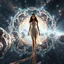 Placeholder: A full-body shot of a beautiful lady walking and looking at the camera 3D fractal interstellar world.