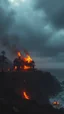 Placeholder: A burned house with fire on the the hill of California coast of . epic , cloudy stormy weather, fantasy sci-fi style, city on surface