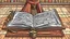 Placeholder: comic style1 singular Book lying with a cover on table the cover depicting a woman, medieval grimoire, no people, no cluter
