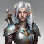 Placeholder: Generate a dungeons and dragons character; a female elf charlatan . She has silver white flower hair and goldish blue eyes . She has a pretty doll face. she is wearing leather armor and has a light crossbow