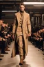 Placeholder: a men winter fashion runway with industrial clothes inspired by Superman Emblem style, embroidery elegante fashion beige tones