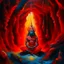 Placeholder: An oil painting of hindu god YAMA in a cave, neon red colors, high detail