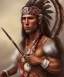 Placeholder: Guaicaipuro, native american, Muscular warrior, three red feathers headband, holding spear