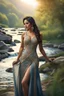 Placeholder: full shot body photo of the most beautiful artwork in the world featuring model, happy mood, High Detail, dramatic, photo realistic, ultra sharp, ultra hd, hyper realistic, ultra realistic, ((((dress)))), trending on artstation, sharp focus, studio photo, intricate details, highly detailed, standing in nice pose in country side with river ,water fall ,rocky valley,mountains at background, pretty clouds