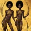 Placeholder: Female angelic African American Twins, black skin, tall and slender, long afro kinky hair,big brown eyes, long eyelashes warrior wear. Big butts. Gold accents on clothing. Surround by trees. Holding golden spears. Starry night