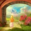 Placeholder:  Castle into sky, with flowers of fire. Green clouds and birds. Shy girl going out of the main gate. Detailed painting, sharp color, medieval, intricate detail, far sceen, realistic colors, medieval concept art. spring.