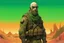 Placeholder: A Bald Soldier With green eyes and thick black beard, wearing Desert Camouflage standing looking out upon a desert planet, Style Alex Maleev,