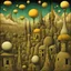 Placeholder: Surreal key-shaped cityscape of fractured reality of meandering rooftops, art deco spires and domes, looming bank of asymmetric puffy bruise-colored clouds splits the horizon, floating strange moons and astral projections in fractals, weird colors - yellow-black-olive green, hallucinatory surrealism, by Andy Kehoe, by Yves Tanguy, by Zdzislaw Beksinski, macabrely fascinating flowing sense of strange, artistic geodesic lines.