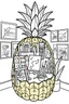 Placeholder: Pineapple Cozy Art Studio Coloring Page: A pineapple cross-section displaying an art studio. Features an easel, paint palettes, brushes, and artworks hung on the walls.