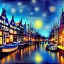 Placeholder: Drawing in oil of medieval Amsterdam city river, clouds, boats , sunset, fantasy 8k by Van Gogh