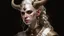 Placeholder: A young tiefling woman with a set of ram horns on her head encrusted with jewels, White-Blonde hair, black eyes, no pupils, dressed in white and gold with lots of jewelry