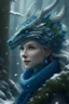 Placeholder: Portrait of Dragon Queen, wearing a green-blue dragon crown, decorated with crystals in mystery snowy forest, realistic details, looking forward