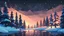 Placeholder: christmas time,a snowy fir forest,christmas trees,, midnight hour,fireflies,lakeside,,low poly