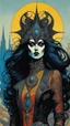 Placeholder: Jean- Giraud Moebius, Max Ernst, and Ravi Zupa, surrealistic Vogue style, ink oil fashion illustration, (full body, close up, shot:1.6), haute couture, goth vampire girl with highly defined hair and facial features, black mascara, broad brushstrokes, energetic, highly detailed, boldly inked, vivid chromatic color, ethereal, otherworldly