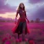 Placeholder: Feiticeira escarlate, Elizabeth Olsen, feiticeira, magia, bonita, cenário em um campo de flores, cinematográfico, dramático, por do sol, campo de flores, cores frias