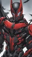 Placeholder: A close picture to Mix between symbiote and machine and batman in transformers cyborg with black metal and red details armor in solo leveling shadow art style with red details detailsis in fantasy world