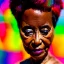 Placeholder: masterpiece, best quality, old woman, dark skinned, sparkling eyes, fluorescent skin, colorful makeup, afro, head shot, highly detailed body, sun light, 4K, RAW, depth of field, high contrast, realistic details, 24mm