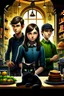 Placeholder: Design a book cover for fantasy criminal story. One teenage girl and two boys are in the centre. Black Cat as a company. The book is for teenagers. Modern style. BAkery in the background