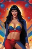 Placeholder: 3D bubbles, 3D hearts, sunlight, blue skies, magic, multicolored swirling light, aurora borealis, UFOs, Devil's Tower, fireflies, facial portrait of Megan Gale as Vampirella with Long Black hair, cobalt blue eyes, smiling a big bright happy smile, wearing a red sling suit with a gold/yellow bat emblem on the lower stomach area, and black boots, professional quality digital photograph, happy time