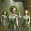 Placeholder: 3d render, Painting .three women. A mother. Two daughter. Twins. A mother with her children the faces of three young elf women. wood nymphs emerging from the forest. Her hair looks like vines. Dreadlocs. Her skin is the colour of dark soil. Her skin looks like tree bark. Her clothing is made of vines, grass and leaves.