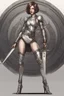 Placeholder: full body picture of a skinny woman with a bob, in silver armour, holding a curved sword, futuristic steampunk background