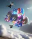 Placeholder: Ultra realistic speed clouds sky scene, wide angle view, strong men falling down with many Childs, circus clothing style, feather color clothing, free jumping flying, many trinkets, hair monster, many jelly beans, balls, color smoke, smile, happy, extreme, wind, clouds sea, 20,000 feet altitude, stratosphere, soft color, highly detailed, unreal engine 5, ray tracing, RTX, lumen lighting, ultra detail, volumetric lighting, 3d, finely drawn, high definition, high resolution.