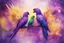 Placeholder: parrot-phoenix mix birds, a picture of togetherness, death, resurrection, purple in sunshine, watercolor and black ink outlines, sparkling golden glitter, ethereal, cinematic postprocessing, bokeh, dof