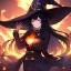 Placeholder: Clear focus,High resolution, black long fluffy hair, long fluffy bangs, purple eyes, wearing a witch outfit, wearing a short skirt, fire