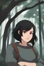 Placeholder: Young woman with medium length raven hair, and brown eyes, wearing an sweater, smirking, forest background, RWBY animation style