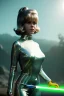 Placeholder: Ultra Realistic retro sci-fi portrait image from 1960, spaceship, sweet young Jane Fonda, tight latex suit, lightsaber fighting stance, soft color, highly detailed, unreal engine 5, ray tracing, RTX, lumen lighting, ultra detail, volumetric lighting, 3d, finely drawn, high definition, high resolution.