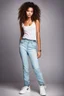 Placeholder: full body portrait of a girl fashion model curly hair,pretty pants and top, perfect face,sport shoes, photo studio lights