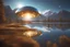 Placeholder: golden flying saucer traveling in the galaxy, transparent, crystal with lights, starry sky, beautiful extraterrestrial being in levitation, reflection over a lake, finely tuned detail, ultra high definition, 8 k, unreal engine 5, ultra sharp focus
