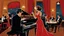 Placeholder: in a 1960s American jazz pub a man in hat and dark suit playing the piano , next to the piano standing and singing a beautiful woman in red dress . The atmosphere is warm happy and intimate, with soft, golden lights casting a glow over the wooden tables and chairs. Guests in retro attire enjoy their drinks and cigarette smoke gently swirls in the air. The intricate details and sharp focus , photorealistic