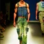 Placeholder: latin model catwalk wearing cargo jeans with patch jellow and green