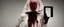 Placeholder: a faceless woman covered in blood holding up an empty black box