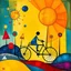 Placeholder: create a whimsical surreal artwork in the style of Joan Miró, symbolic non-human geometric figures on a bicycle, surrounded by floating abstract shapes, colorful triangles as trees, circles like cosmic symbols, a segmented sun dominating the sky, dreamlike vibrant palette with playful textures --ar 16:9 --v 7 --style 4b --q 2