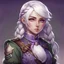 Placeholder: dnd, girl human, white hair, green military uniform, purple eyes, bard, stern, braid