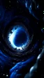 Placeholder: Intense cold dark blue Hole explosion in deep space. Hole apocalypse wipes out Universe. Cold blue cloudy hole collision explodes in outer space.a shape of devilish dark body with hood in the hole like sucked in side Epic galaxy with growing black hole. Cinematic interstellar