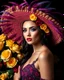 Placeholder: Photorealism Studio lightning perfection body beautiful pretty supermodel luxury glamours makeup artistic,wearing adorned large hat Mariachi mexican fashion Adorned Majestic feathers, fiery purples, deep blues, stark black bg, assortment of roses, full bloom, yellow, red, contrast, artistic flair, intricate details, textures, natural beauty, harmonious blend, adorned flowers background