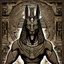 Placeholder: head and torso, Anubis, Egyptian god, angry, detailed skin, detailed clothing, hieroglyphs, textured, contrasting light