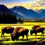 Placeholder: Drawing of 'herd of AMERICAN BISON',River,snow,Meadow,mountains,painting by Earl Norem, simon Bisley,frazetta,西嘛哒, evan lee, Vallejo,kelly oil on canvas, cinematic composition, extreme detail,fit full head inside picture,8k