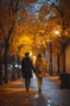 Placeholder: night yellow lights over the street trees autumn leaves under feet ,a Student adult girl with books in her hand walking in street looking to camera her boy friend flowing her with few steps away