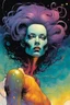 Placeholder: create an imaginative hybrid female extraterrestrial being with finely detailed facial features, sinuous tentacle hair, filming the exploding chaos of a dying star, in the comic book art style of Bill Sienkiewicz, Mike Mignola, and Jean Giraud Moebius, finely textured, drawn, colored, and inked