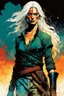 Placeholder: create an imaginative full body print illustration of an ethereal, otherworldly haggard, scarred, and grim, flaxen haired female Witcher , in the comic book art style of Bill Sienkiewicz, Mike Mignola, and Jean Giraud Moebius, with highly detailed facial features , finely drawn, colored and inked,