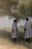 Placeholder: 7 suore africane con tunica grigia giornata di sole precipizio fuori città , terra