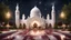 Placeholder: Hyper Realistic people praying outside Beautiful-Decorated-Huge-White-Brick-Mosque with maroon-marble-flooring & Beautiful-Garland-Light-&-Decorations surrounded by a beautiful garden at beautiful dark night with stars on sky