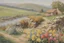 Placeholder: sunny day, stone wall, flowers, spring, normal mountains, river, rocks, distant house, epic, alfred munnings, and ernest welvaert paintings