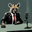 Placeholder: Hyena in a suit and tie, as an announcer sitting at the transmission table with a microphone presenting a newscast. Banksy cómic style. Ultra quality